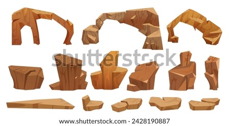 Big desert stone piles and cliff. Cartoon vector illustration set of west landscape brown rock and mountain. Game ui assets and elements of canyon formation and arch, rough boulder with texture.