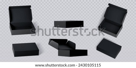 Black cardboard box mockups set isolated on transparent background. Vector realistic illustration of open and closed 3d carton packages for shoes, mail delivery, gift parcel packaging blank surface