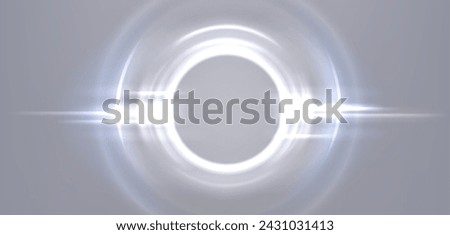 White neon glowing circle. Realistic vector illustration of light lens flare effect of circular shape with bright sparkle and streak. Shiny glare ring with ray and highlight. Luminous round frame.