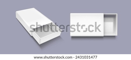 Open slide box mockup. Realistic vector illustration set of white blank carton package with sleeve. Empty pack in form of drawer for gift or goods postage concept. Cardboard matchbox template.