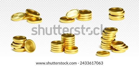 Stack of gold coin of different size. Realistic 3d vector golden metal money in pile. Financial and bank game or casino cash treasure. Heap of empty circular currency for profit and wealth concept.