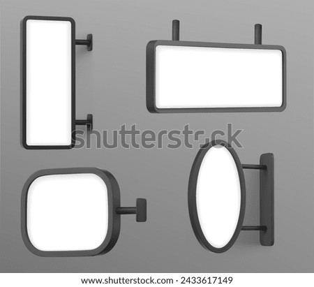 Mockup of signboard attached to wall at entrance of store or cafe. Realistic vector set of signage with white empty frame of rectangular, square and oval shape. Vertical and horizontal display board.