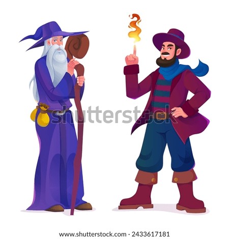 Medieval wizard and magician characters isolated on white background. Vector cartoon illustration of old bearded wise man with wooden staff, young trickster showing tricks with fire, fairytale design