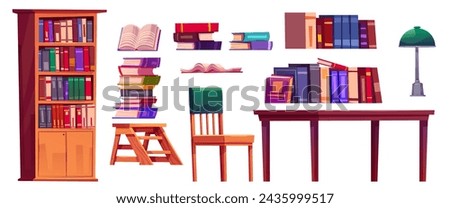 Public library books, furniture and equipment cartoon vector illustration set. Literature on shelves in bookcase, in stacks and open, wooden table and chair, lamp for school study or reading concept.