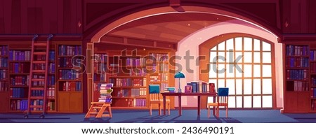 Public library with many books on shelves in case with ladder, in stack on wooden table with chair and lamp. Cartoon vector public bookstore with literature for school study or reading concept.