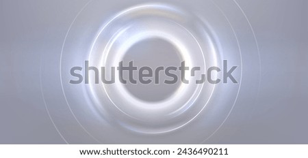 White round light effect on gray background. Vector realistic illustration of abstract glowing frame with neon rings, magic energy portal with hole at bottom, sun eclipse, futuristic backdrop design