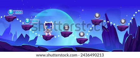 Game level map with jump platform, rating stars and close tier on space alien planet background with stone mountains, rock cliff, celestial body on blue sky and robot astronaut as player character.