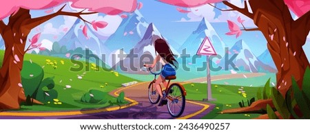 Young woman riding bicycle in mountain park. Vector cartoon illustration of active girl cycling on curvy road with warning sign, pink sakura tree petals flying in air, blue sky, healthy lifestyle