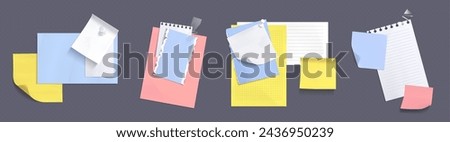 Memo note paper sheets attached with adhesive tape and pins. White and colorful notepad pages and stickers for memory writings. Realistic vector illustration set of frames for bulletin notice.