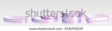 Hologram product podium of cylinder low, middle and two step, rectangular shape for promo and presentation. Realistic 3d vector illustration set of metal goods display platform with holographic effect