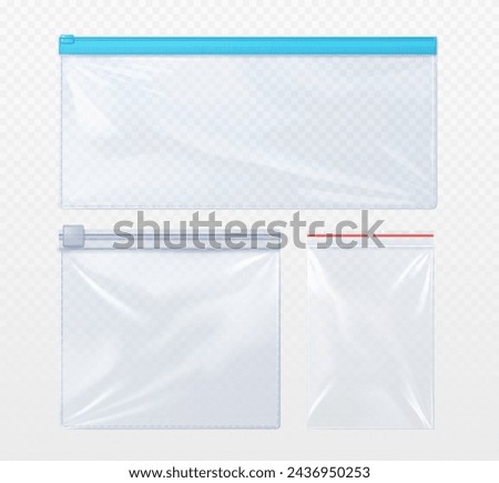 Plastic bag with zip locker mockup. Realistic vector illustration set of template for transparent clear empty sachet with zipper. Nylon pouch pocket. Vinyl package with lock for food or candy storage.