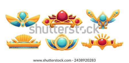 Egyptian game ui icon of border or divider. Cartoon vector illustration set of treasure ancient Egypt frame asset made of gold with red and turquoise gem stones. Pharaoh golden ornament and jewelry.