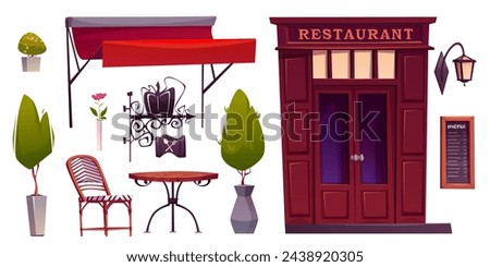 Restaurant outside elements set for relax and eating on veranda. Cartoon vector exterior cafe objects - glass and wood door, red tent, table and chair, signboard and wall lantern, menu board and plant