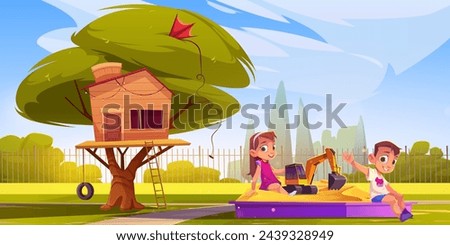 Backyard with kids boy and girl playing with excavator toy in sandbox near children house on green tree with swing tire and ladder. Cartoon vector summer playground with sandpit and climb clubhouse.