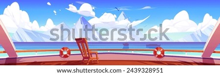 View from cruise ship wooden deck with railing, lounge chair and lifebuoy on sea or ocean and high snow covered mountain peaks. Cartoon vector illustration of journey on yacht boat. Winter landscape.