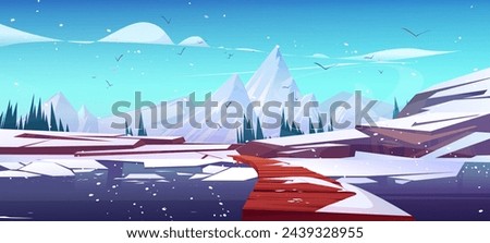 Winter natural landscape with snow mountain peaks, fur trees, wooden bridge over lake or river. Cartoon vector cold snowy scenery with high rocky hills and water pond. Northern panoramic scene.