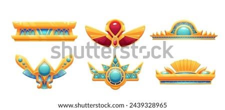 Egyptian game ui icon of border or divider. Cartoon vector illustration set of treasure ancient Egypt frame asset made of gold with red and turquoise gem stones. Pharaoh golden ornament and jewelry.