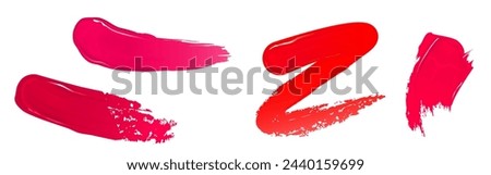 Red and pink lipstick or nail polish swatch. Realistic vector illustration set of painted lip makeup product brush smudge. Glossy cream brushstroke stripe and blotch. Lipgloss or lacquer sample.