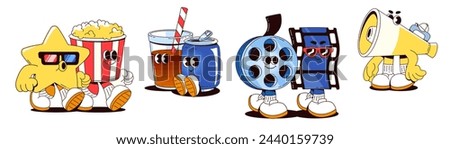 Cinema film character and cute popcorn movie icon. Theater food and snack vector. Hollywood mascot and funny video tape in glasses. Isolated happy megaphone, pop corn and soda design with face