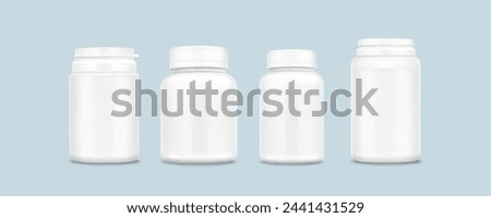 White plastic pill bottle mockup. Realistic 3d vector illustration set of vitamin or supplement jar template. Closed package container for medicine with cap. Pharmacy cylinder packaging canister.