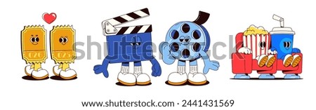 Movie and cinema cartoon character mascot with faces, legs and arms. Cute toon retro groovy style personage of in love two tickets, clapperboard and tape roll container, popcorn and soda on armchairs.