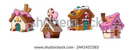 Fantasy candy land house for game cartoon set. Sweet confectionery with cream building for chocolate fairy tale city. Fantastic princess dream dessert home made of sugar and lollipop town object