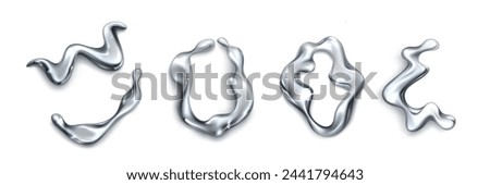 Abstract fluid 3d metal shape for y2k design. Realistic vector illustration set of chrome liquid blobs and drops. Wave and circle silver element. Trendy mercury droplet and splash flow decoration.