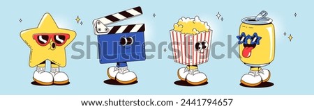 Movie and cinema cartoon character mascot set. Cute toon retro groovy style personage with faces, legs and arms - smiling clapperboard and star in sunglasses, popcorn and soda can with tube.