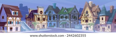 Medieval German street landscape on gloomy windy weather with fog. Cartoon evening historical cityscape with ancient houses with half-timbered facade. Buildings with wooden fachwerk on misty pavement.