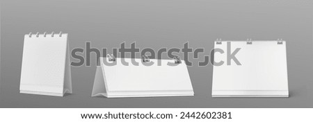 Desk calendar with spiral mockup. Realistic 3d vector set of vertical and square table flip planner with white empty paper pages in different angles of view. Standing desktop schedule template.