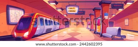 Train on subway station. Underground city metro railway illustration. Public rail transport cartoon background. Tunnel interior with passenger machine express arrival track. Screen and bench inside