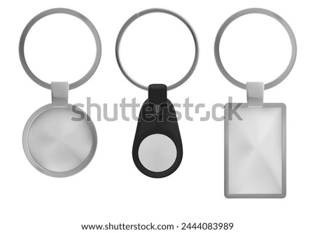 Silver blank key chair ring template vector design. Isolated metal keyring round mockup for branding, car lock or home. Rectangular empty frame tag and magnetic label for identity and advertising