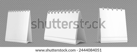 Desk calendar with spiral mockup. Realistic 3d vector set of vertical and square table flip planner with white empty paper pages in different angles of view. Standing desktop schedule template.