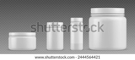 White plastic pill bottle for vitamin supplement. 3d blank medicine container vector mockup. Medical capsule or powder can design with empty label for prescription. Realistic sport protein canister