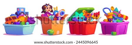 Kid box with doll, ball and child car cartoon. Full gift chest collection to play in kindergarten for toddler clipart set isolated on white background. Old rocket and plastic toys in package