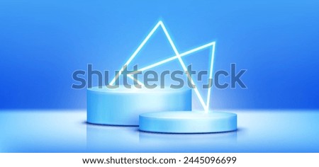 Cylinder two steps product podium with decorative triangle neon elements in studio room interior with pastel blue wall and floor. Realistic 3d vector minimalist scene with goods showcase mockup.