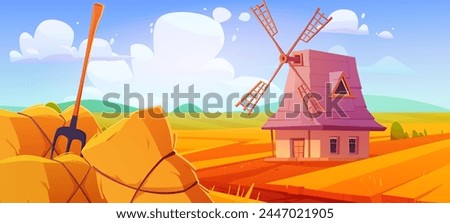 Wheat farm field with straw and mill illustration. Hay, barn and windmill rural vector landscape. Crop corn stack on meadow and blue sky peaceful environment panorama. Traditional harvest season