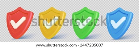 3d shield icon with safety check badge vector. Secure tick mark for quality guard guarantee. Isolated protect checkmark for medical business or antivirus warranty emblem design. Health defense sign