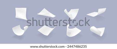 Flying paper sheet in different angles of view. Realistic 3d vector illustration set of curve white blank pages in air. Falling document or letter mockup. Empty curl note and leaflet chaotic float.