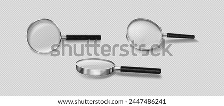 Realistic 3d magnifier glass in different angles of view. Vector illustration set of magnify with plastic handle, metal frame and transparent zoom lens for search and focus concept. Magnify loupe tool