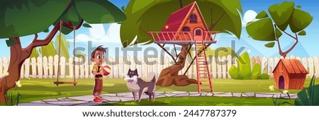 Backyard with children house on tree, swing and little kid boy with dog. Cartoon vector illustration summer suburban yard landscape with woods, grass and fence. Child with pet in country garden.