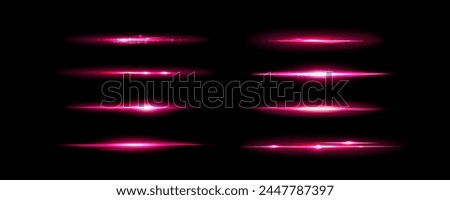 Pink light flare effect with magic lens sparkle shine. Flash glare glow with glitter on neon line vector. Abstract bright beam divider collection. Festive and glamour magenta border overlay asset