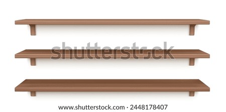 3D wooden shelves set isolated on white background. Vector realistic illustration of blank decorative wall shelf, home, office, shop furniture with empty surface, interior design elements, oak texture