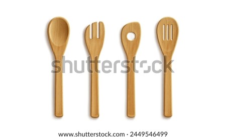 3D set of wooden kitchen utensils isolated on white background. Vector realistic illustration of yellow spoon and spatula, reusable tableware made of organic material, restaurant cooking tools