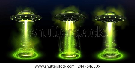 Green ufo spaceship with beam 3d effect vector. Space alien saucer ship technology and fantasy ray glow for energy glitter portal podium. Magic hologram with neon spotlight for future invasion