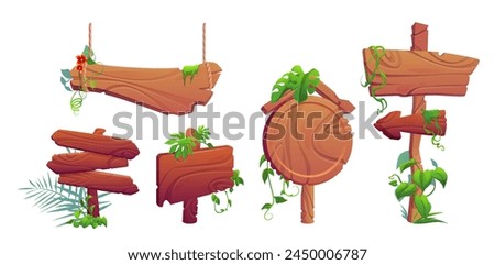 Forest wood sign board frame for game cartoon. Jungle wooden signboard ui vector icon. Tropic arrow billboard template with grass, vine and flower. Cute level label isolated interface element set