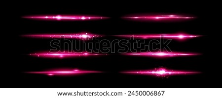 Pink light flare effect with magic lens sparkle shine. Flash glare glow with glitter on neon line vector. Abstract bright beam divider collection. Festive and glamour magenta border overlay asset