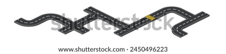 Isometric asphalt road with crosswalk and intersections isolated on white background. Vector illustration of city highway for car traffic. pathway construction with crossroad for town map track.