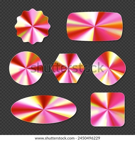Pink hologram sticker with metal foil gradient. Iridescent circle with holographic color gradation for button. Cd disc circular rose oval swatch icon collection. Abstract shiny neon square badge set