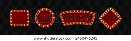 Retro show signs set isolated on transparent background. Vector realistic illustration of red square, round, rhombus frames decorated with light bulbs illumination, blank banner for game ui design